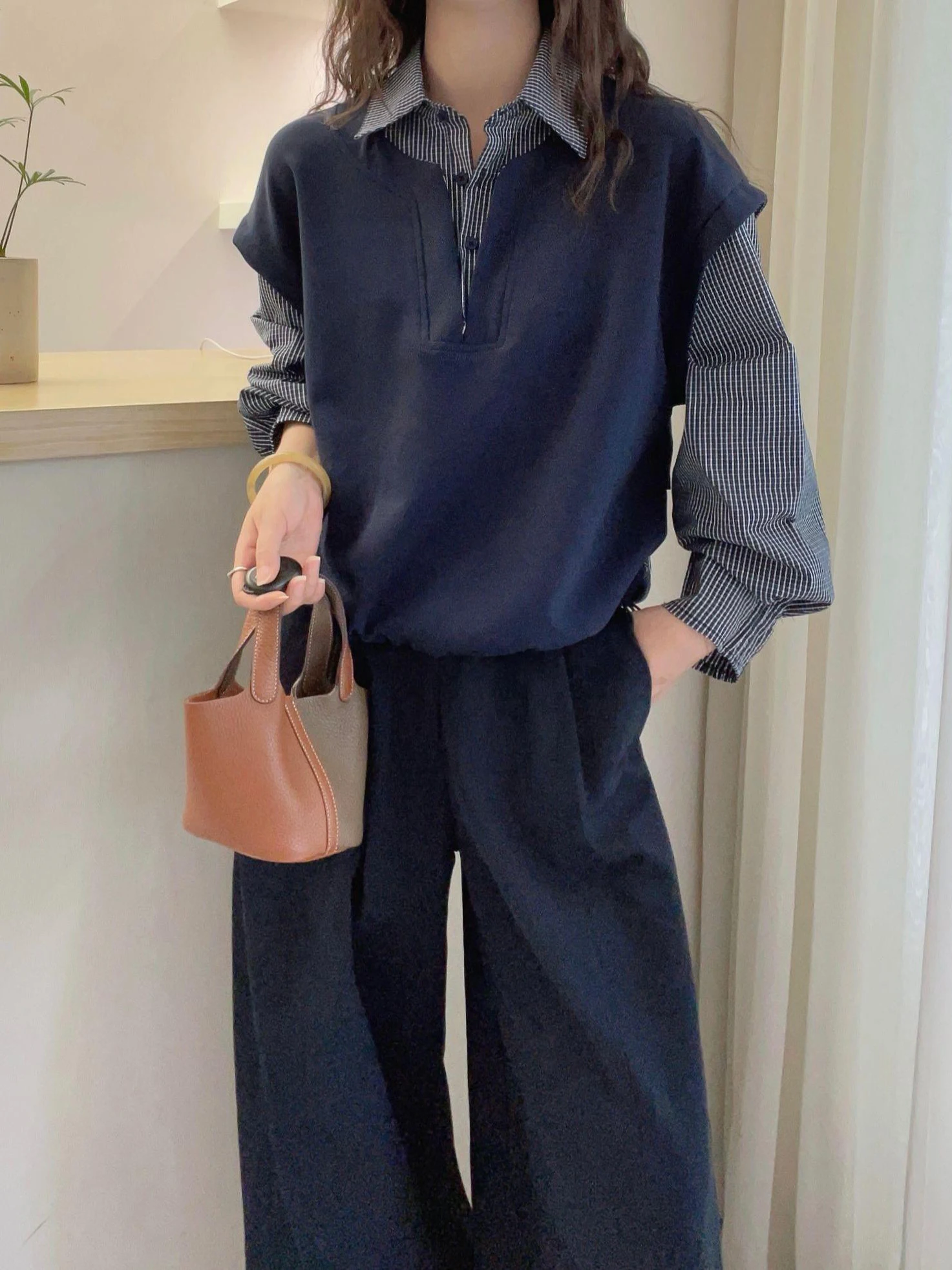 

Loose Women's Plaid Shirt Korean Design Sensation Retro Fake Two-Piece Spring Lazy Style plus Size Slimming Top