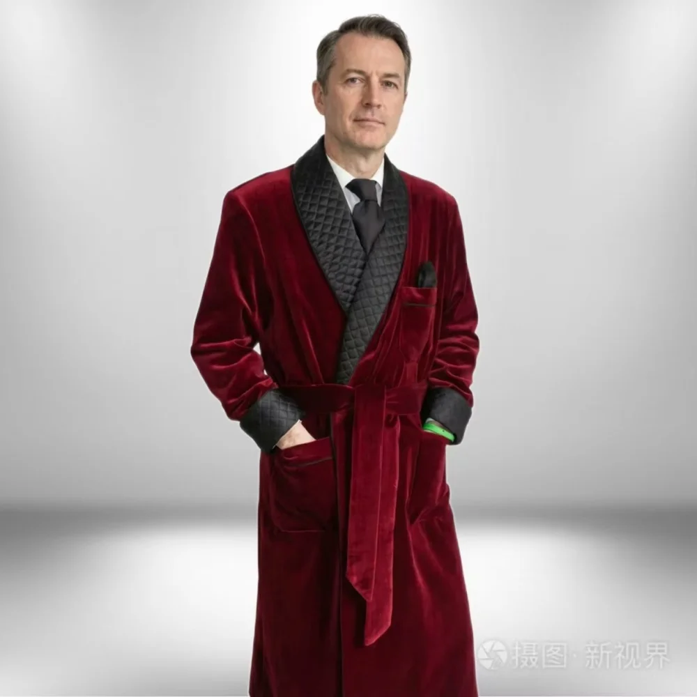 Long Velvet Smoking Jacket Shawl Lapel Wedding Groom Coat  Men Suit Blazer with Belt Just the coat