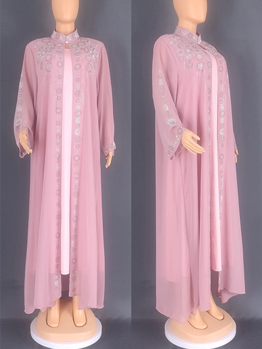 Jalabiya Dresses Eid Muslim Women Chiffon Stand Collar Kaftan Long Sleeve Dress Abaya Party Ramadan Abayas Caftan Vestidos Largo