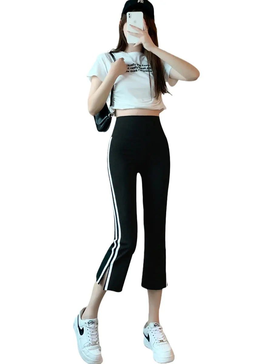 Spodnie do jogi z wysokim stanem, długość 7/8, dla uczniów szkół średnich i wyższych, cienkie, letnie, sportowe, z rozcięciem, typu bell bottom, nylonowa warstwa bazowa P...