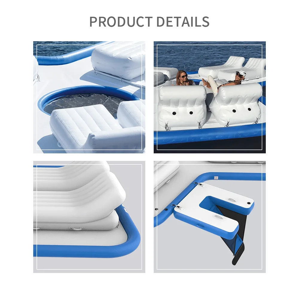 جزيرة عائمة قابلة للنفخ PVC مقاس 0.9 مم باللونين الأبيض والأزرق مع كراسي استلقاء