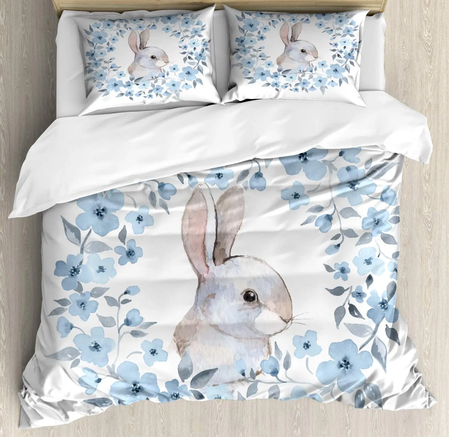 

Watercolor Bunny Rabbit Duvet Cover Set, Decorative 3 Piece Bedding Set with 2 Pillow Shams, Queen King Full Size Bedroom Decor