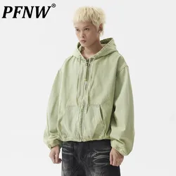 PFNW American Washed Vintage Hooded Jacket Men's Spliced Large Pocket Zipper Design Streetwear Loose Autumn Trendy Tops 28W4758