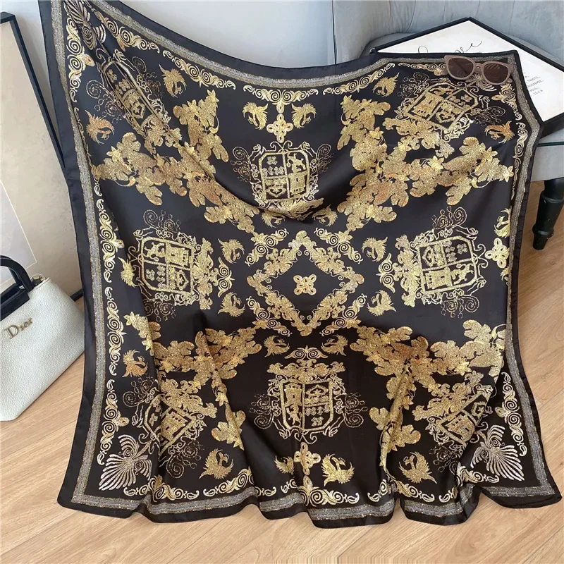 

Classic black and gold brocade silk scarf summer 110cm outer with light air conditioner sunscreen shawl large square scarf