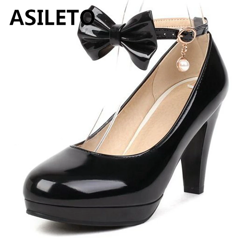 ASILETO Ladies Platform Pumps Round Toe Cone Heels Bowtie Ankle Strap Party Large Size 32-50 White Black Spring S3373