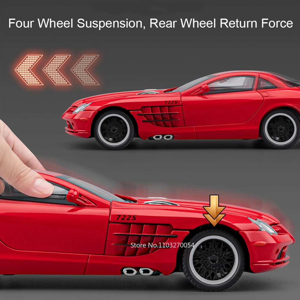 1:24 SLR 722S SLS合金ダイキャストモデルおもちゃミニチュアカーサウンドライトプルバックドア開閉衝撃吸収コレクション趣味