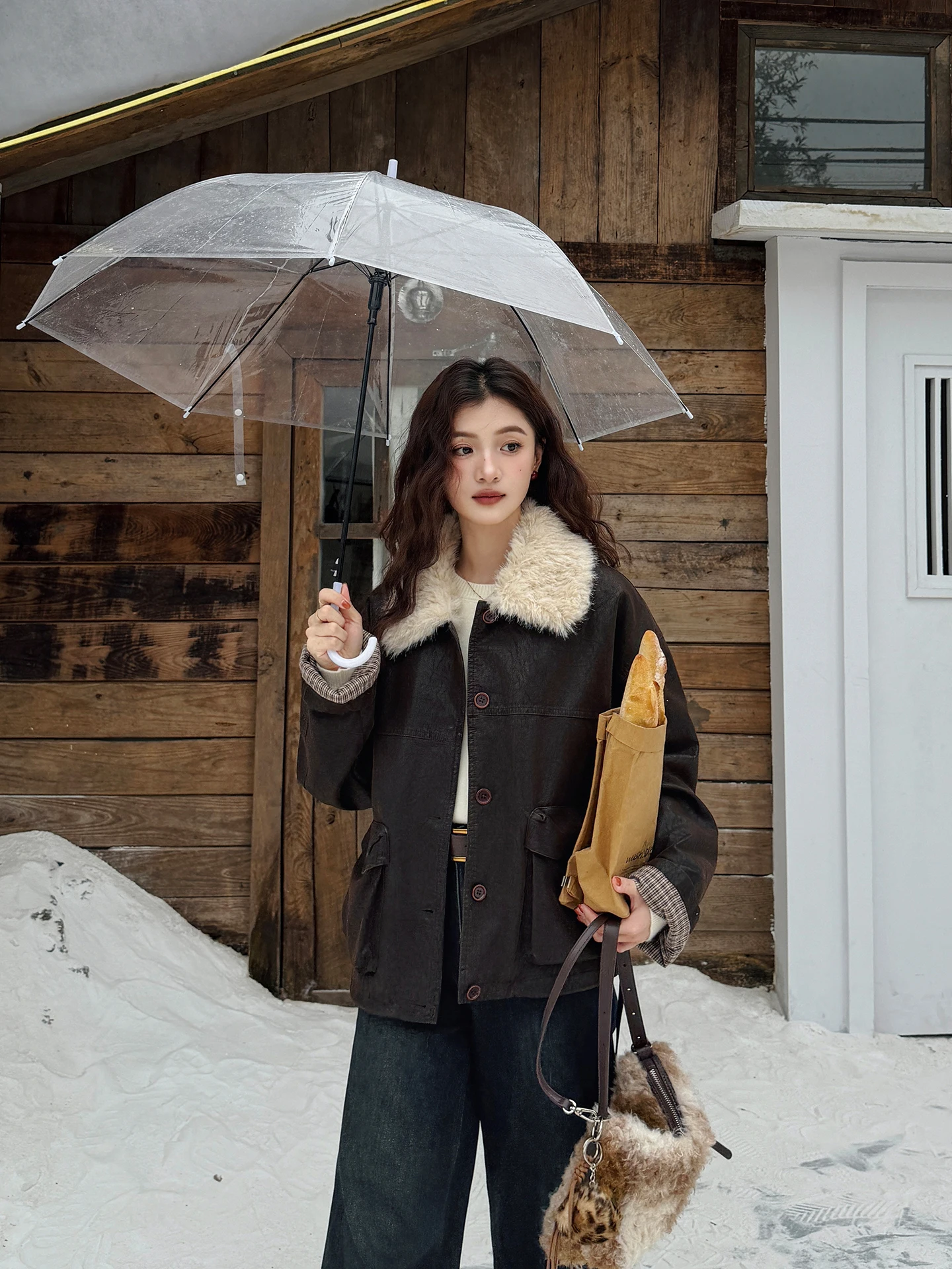 

Женское пальто Thiened Fce Jaet в ретро-стиле, свободного кроя, цвета кофе, с меховым воротником, длинное, из хлопка, для осени и зимы