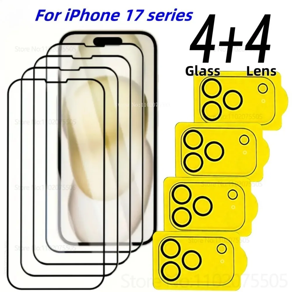 

4Pcs 9D Curved Tempered Glass+4Pcs Lens Protector for IPhone 17 Promax 13 14 Plus 15 Promax 17Air 16 Promax High Definition Film