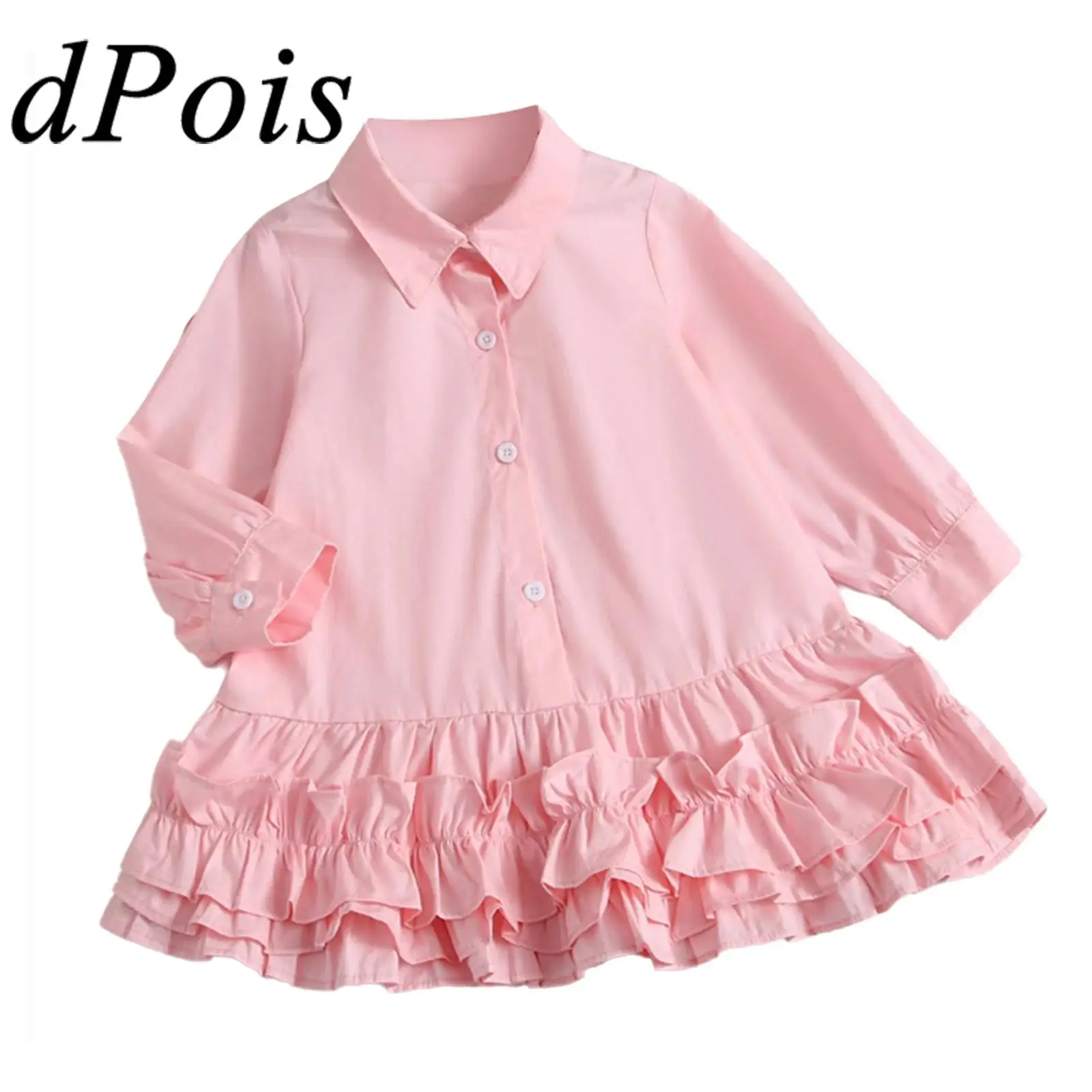 

Children's School Uniform Kids Girls Shirt Dress Turn-down Collar Long Sleeve Tiered Ruffled Hem Front Button Solid Color Shirts