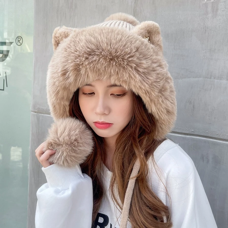 Knitted Hat Female Winter Cute Cartoon Sequins Cat Ears Hairball Wool Hat Fleece Thickened Fur Collar Thermal Hat