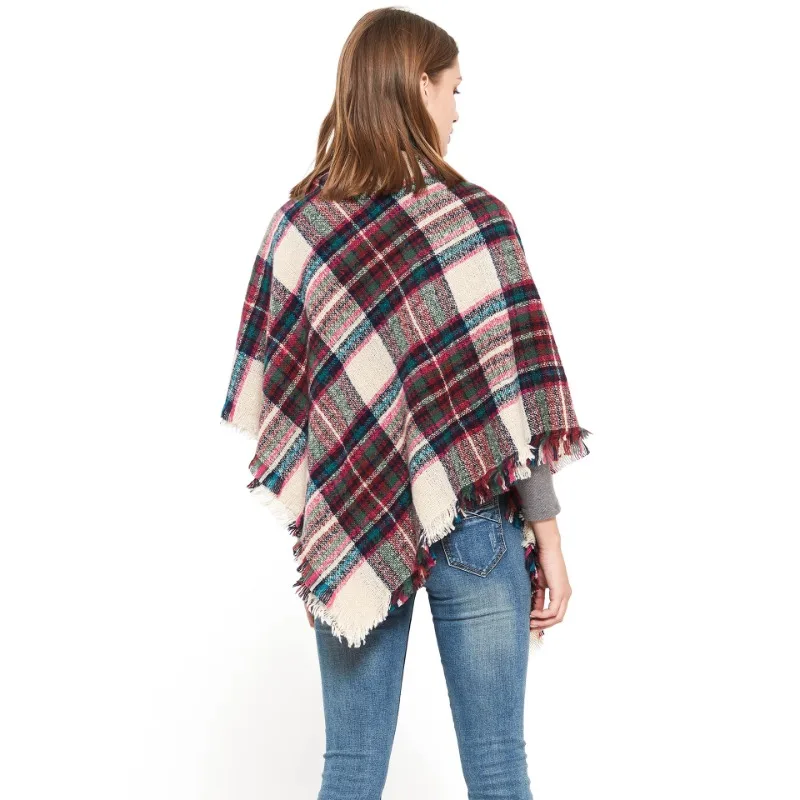 Осенне-зимний треугольный шарф для женщин, двухсторонний семицветный клетчатый квадратный шарф из искусственного кашемира, модные шарфы