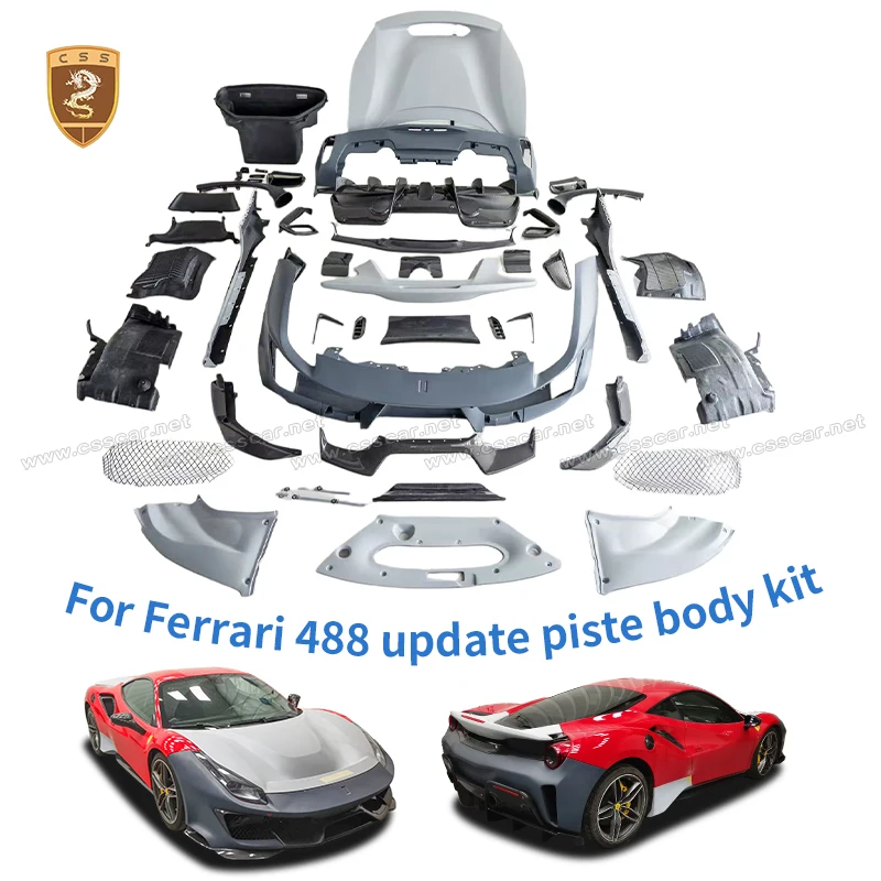PP with Dry CF Front Bumper Lip Guard Side Skirt Bodykit For Ferrari 488 Pista Style Rear Bumper Wing Spolier Truck Storage Box