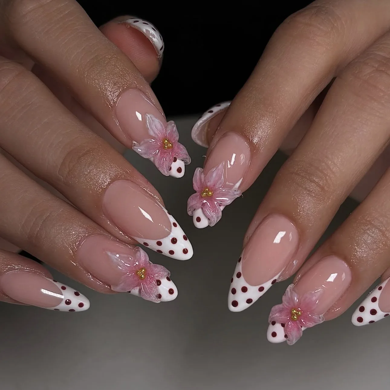 3D Fake Nails for Women Girls French Style Almond Nail Tips with Polka Dots Leopard Embossed Flowers Press On Acrylic False Nail