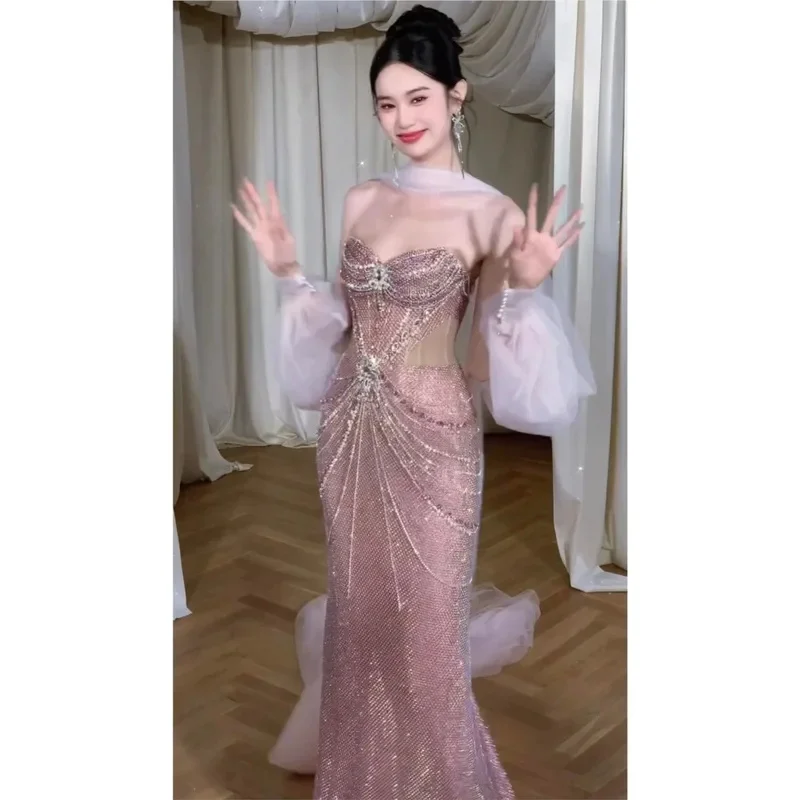 

Легкое роскошное и нишевое розовое банкетное платье CyA с открытыми плечами и блестками «рыбий хвост»