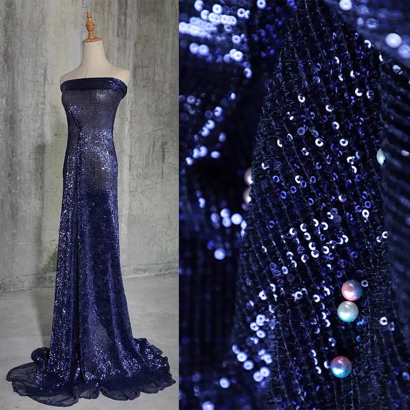 

1 yard Encrypt blue pleated iridescent laser sequin lace fabric Designer gradient iridescent Lace wedding mesh dress sewing