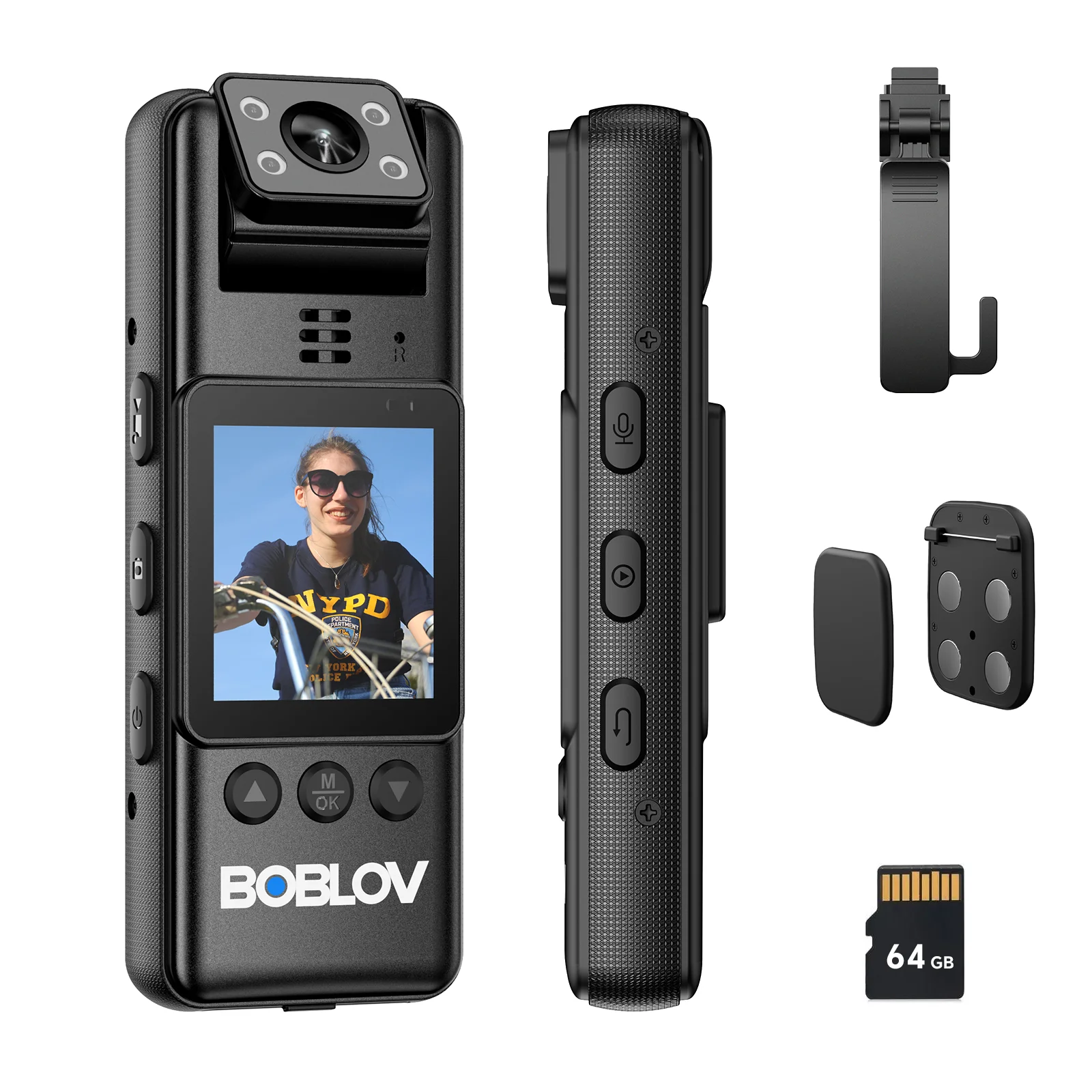 BOBLOV A23 64GB Body Worn Camera, 180 Rotate Video Camera with Night Vision,1080P Body Camera with Audio and Video Recording