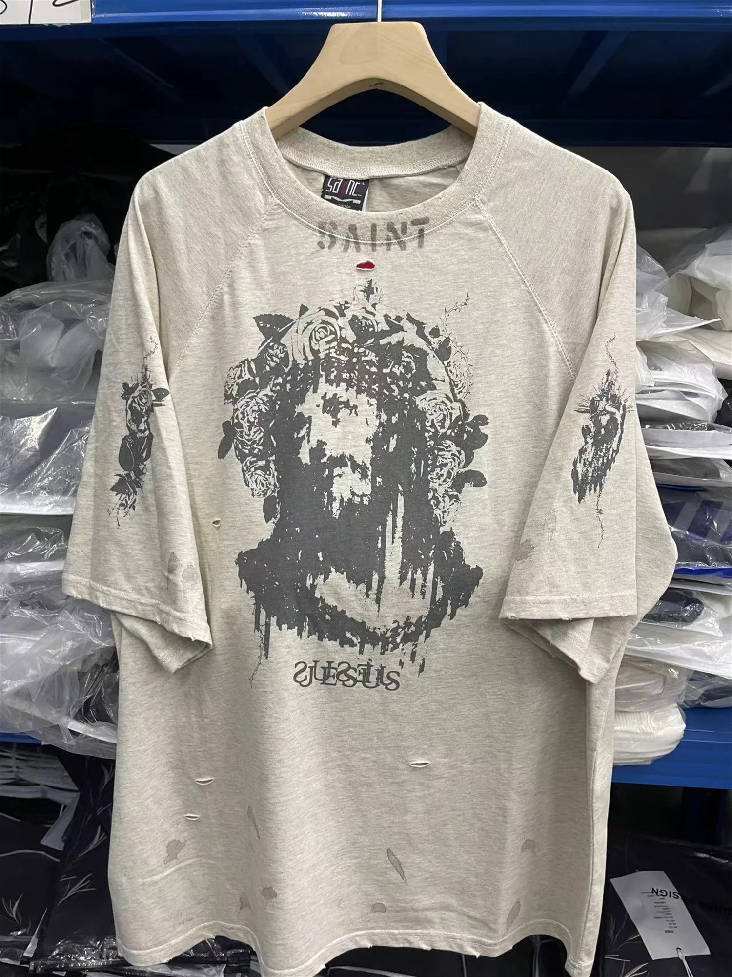 Y2k Vintage Jesus Portrait graffiti print damages pullover washed and worn-out loose short sleeved T-shirt