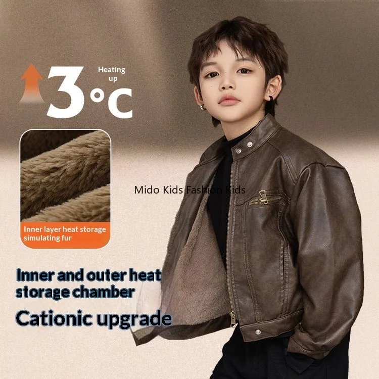 

Зимнее поступление на флисовой подкладке для мальчиков, прочная стильная винтажная кожаная куртка для мальчиков, детская кожаная одежда в мотоцикле