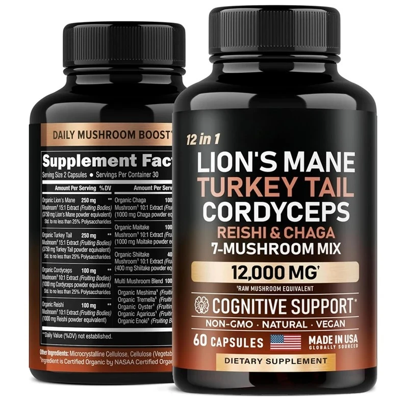 

Mushroom Supplement - Lion Mane Turkey Tail Chaga Cordyceps Reishi Mushroom Meshima Tremella Oyster Agaricus -12000 mg capsules