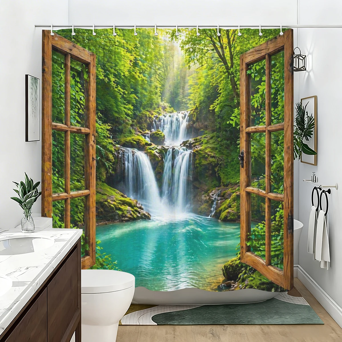 Nature Landscape Printed Polyester Bathtub Curtain - Scenic Forest Waterfall & Bamboo Themed Bathroom Decorative Curtain