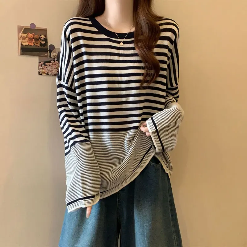 Casual Striped Loose T-shirt Spring Autumn Contrasting Colors Women's Clothing O-Neck Korean Basic Long Sleeve Knitted Pullovers