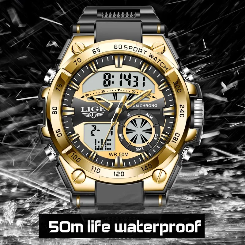 LIGE Top Brand Luxury Men Watches Fashion Dual Display Watch For Men Casual Sport Divier Watch Men Quartz Chronograph Clock Male