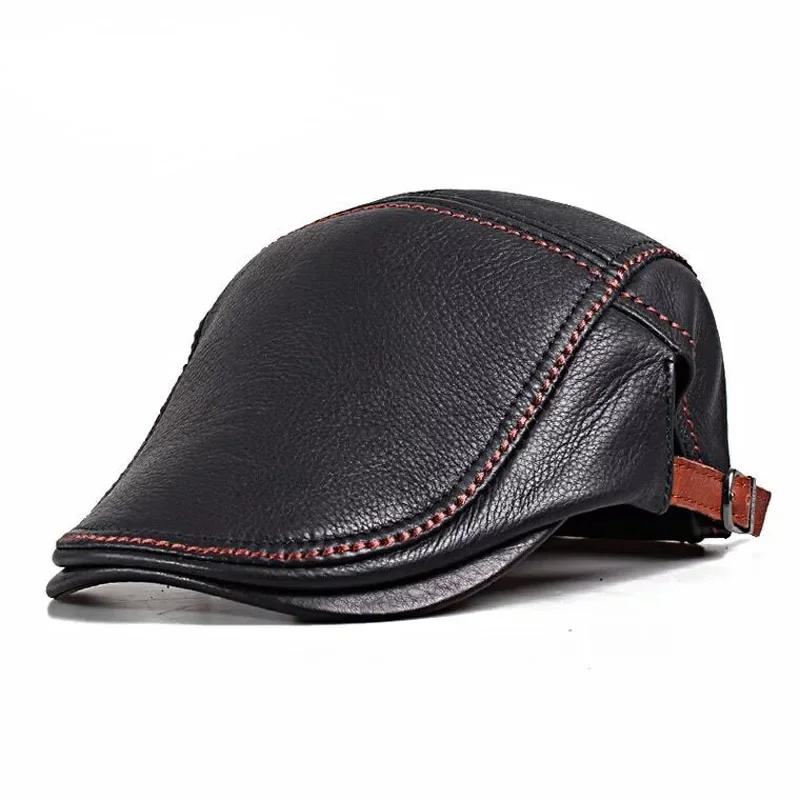 New 2021 Genuine Leather Berets Windproof Duckbill Man Women Cap Cowhide Gorras Black Ear Casquette Hats For Male