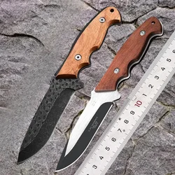 Outdoor Straight Knife, Wooden Handle, Stainless Steel Blade, Travel Camping Cutting Tool with Knife Cover