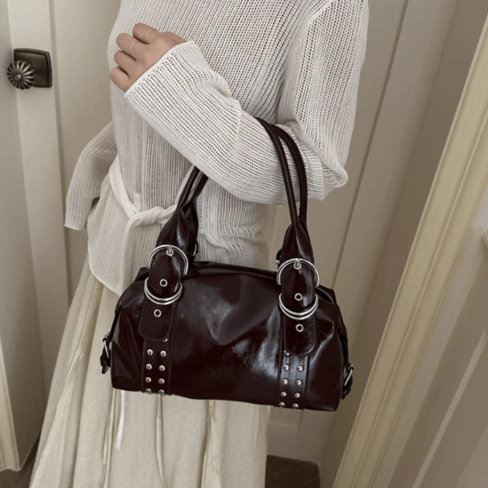 Vintage Style PU Leather Women Shoulder Bag Large Capacity Y2K Motorcycle Bag High Quality Fashion Rivet Handbag Daily Use