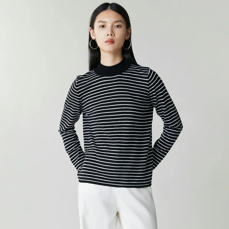 Autumn and Winter New 100% Pure Cashmere Women's Striped Half High Collar Sweater Fashionable Warm and Slimming Knitted Base Hoo