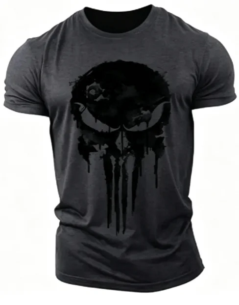 Herren Gothic T-Shirt mit Tintenklecks-Schädel-Druck auf der Vorderseite, Kurzarm-Pullover für den Alltag – Detail 3