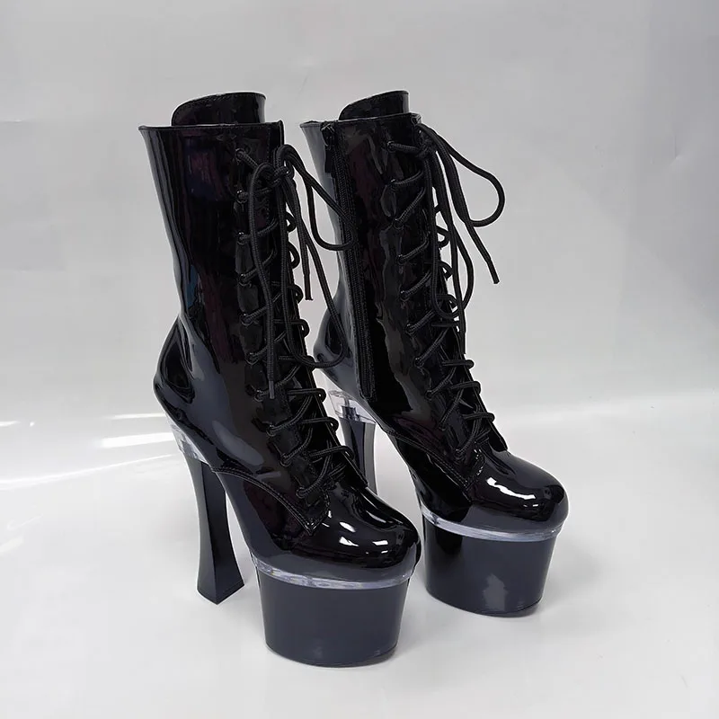 Короткие сапоги Hentian на толстой подошве со шнуровкой, женская обувь для танцев на пилоне 20 см, модели прогулок, пикантные ботинки для ночного клуба на очень высоком каблуке