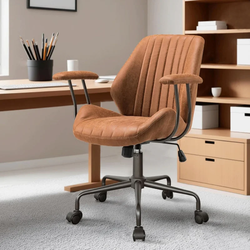 

Home Office Chair, Mid-Back Suede Faux Leather Chairs with Padded Armrests, Mid-Century Modern Luxury Swivel Rolling