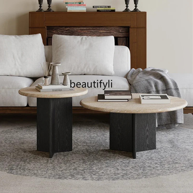 New Wabi Sand wind travertine coffee table size round combination living room sofa solid wood edge table small apartment