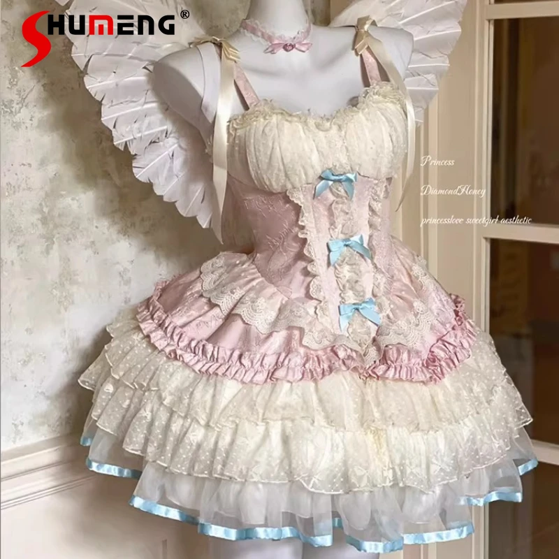 

Japanese Lolita Style Angel Doll-like Sweet Girl Dreamy Ball-inspired Camisole Dresses Y2k Clothes Slimming High-waisted Dress
