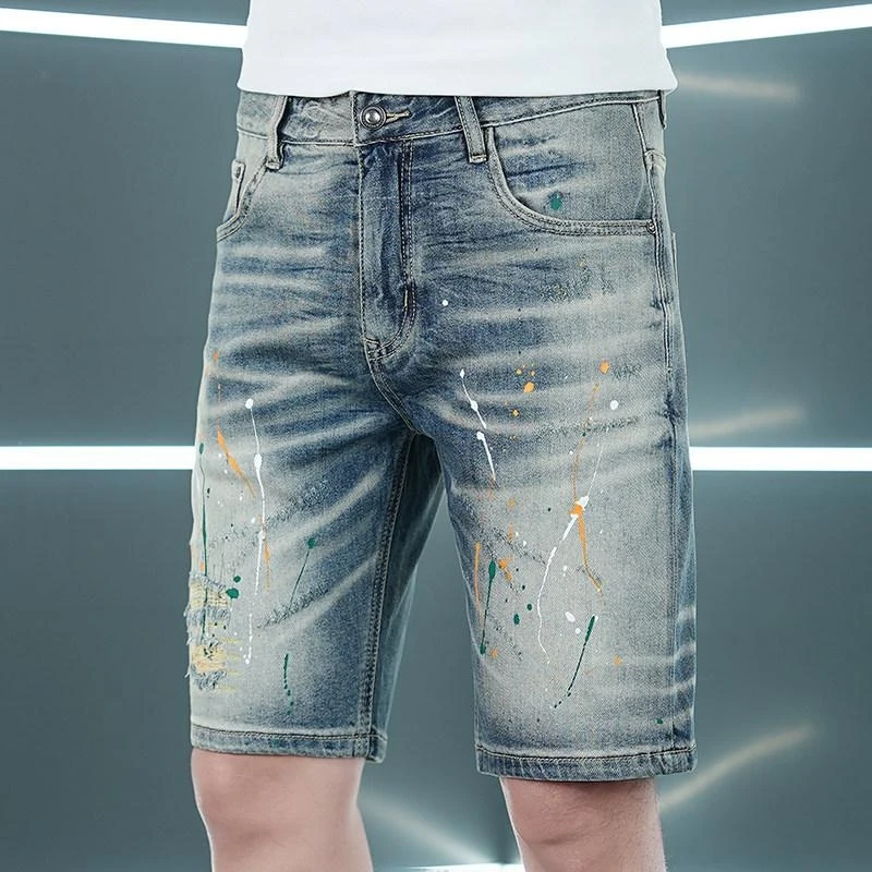 Men's Denim Shorts 2026 Summer American Style with Torn Paint Print, Thin Fabric, Straight Cut, Versatile Street Style, 5 Inch K
