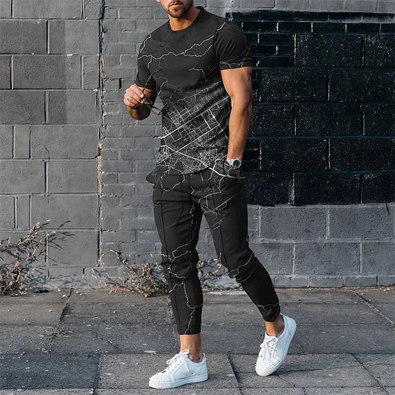 Men\'s T-shirt Pants Tracksuit Abstract Gradient 3D Print T Shirts Trousers Sets 2 Pieces Streetwear Oversized Suits Sportswear