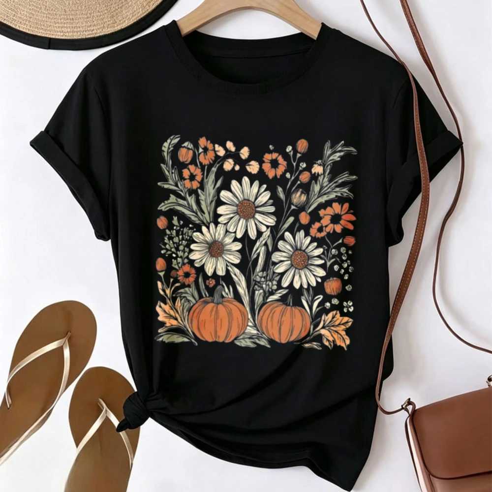 Fall Daisy Pumpkin Floral Graphic T Shirt Vintage Wildflower Autumn Botanical Print Cottagecore Harvest Season Thanksgiving Tees