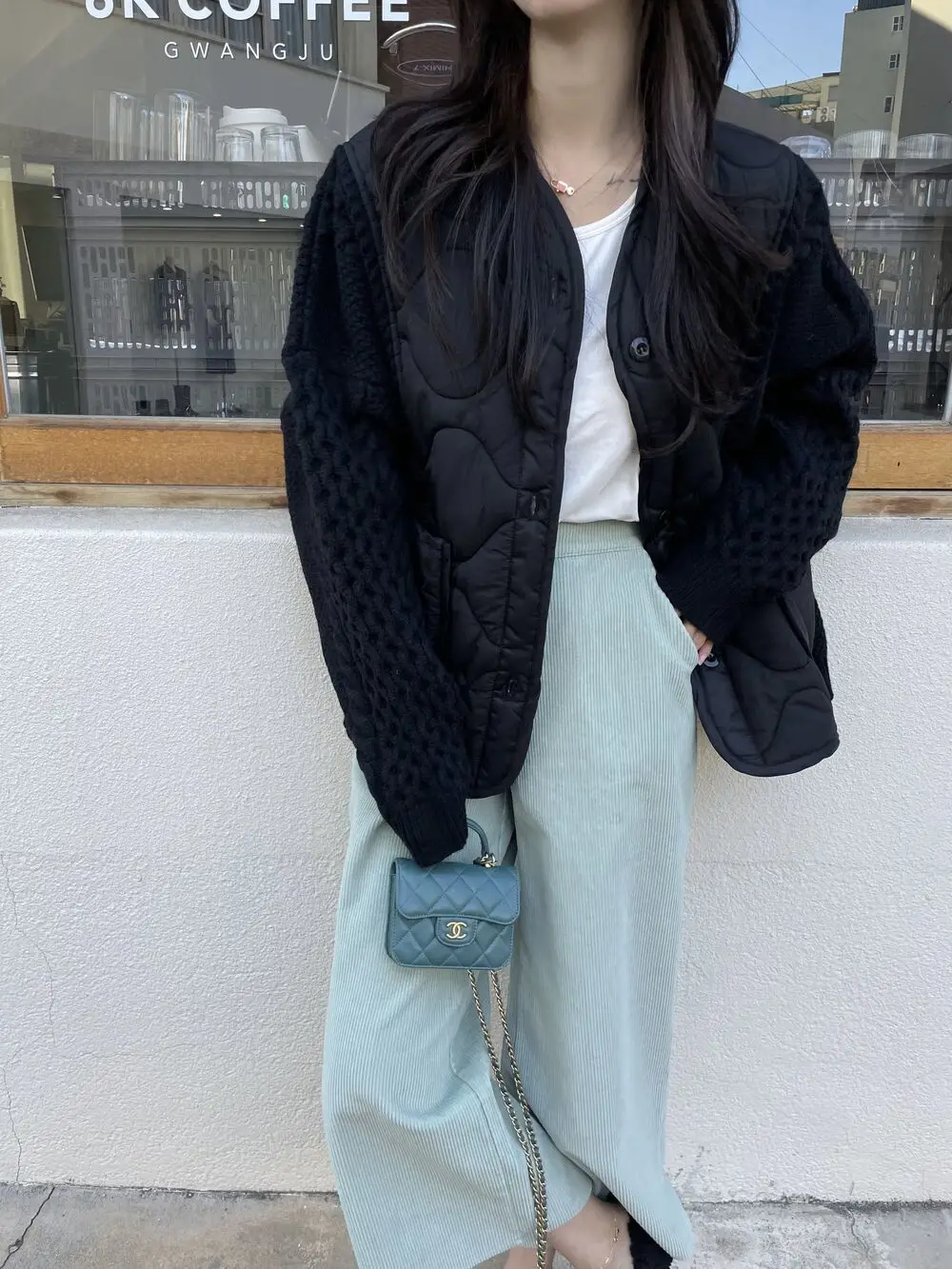 가을/겨울 한정판 스타일리시하고 다재다능한 브이넥 컬러 콘트라스트 패치워크 니트 싱글 버튼 코트