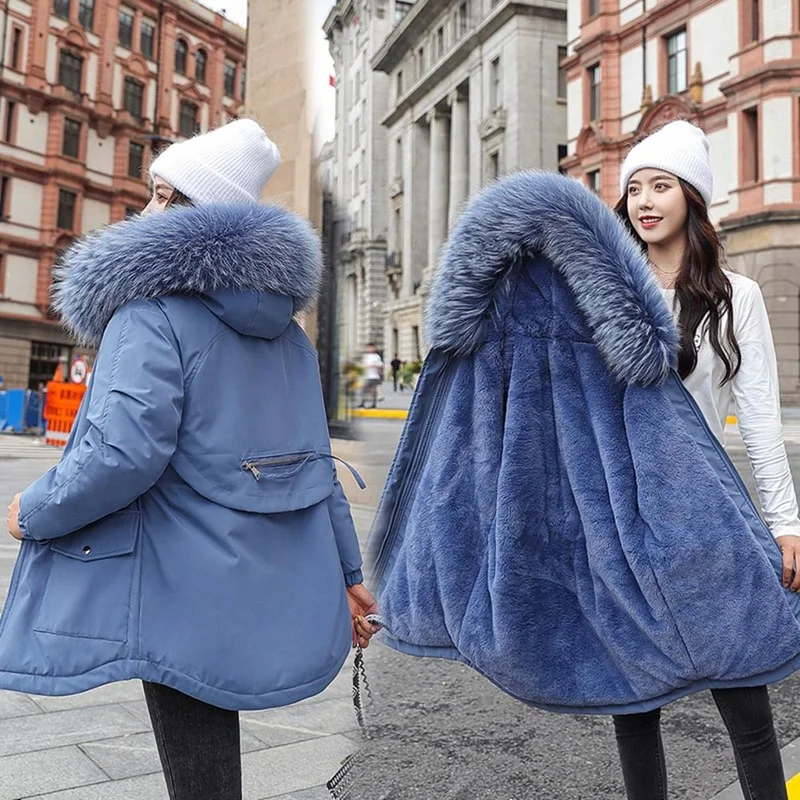 Parka informal con forro de piel para mujer, chaqueta con capucha, acolchada de algodón, cálida, novedad de 2023