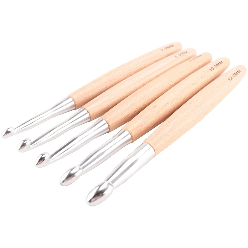 Big Crochet Hooks Set With Beech Wood Handle, Crochet Hooks For Chunky Yarn, Size 7Mm 8Mm 9Mm 10Mm 12Mm Easy To Use