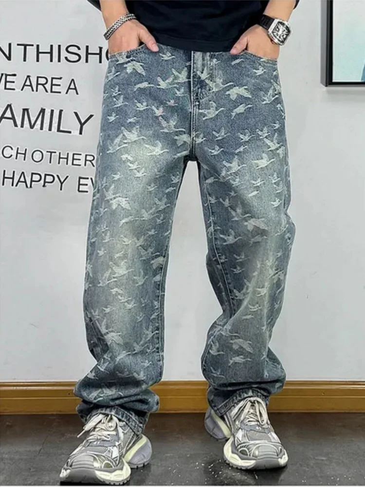 Korean Fashion Jacquard Baggy Jeans For Men Streetwear Loose Men Clothing Denim Skateboard Pants Harajuku Straight-Leg Trousers