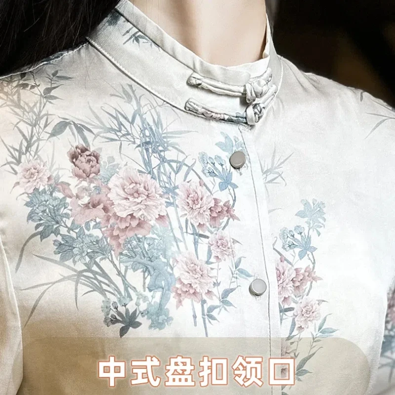 Spring Autumn New Vintage Shirt Women High Street Round Neck Long Sleeve Fashion Button Cardigan Chinese Style Elegant Chic Top