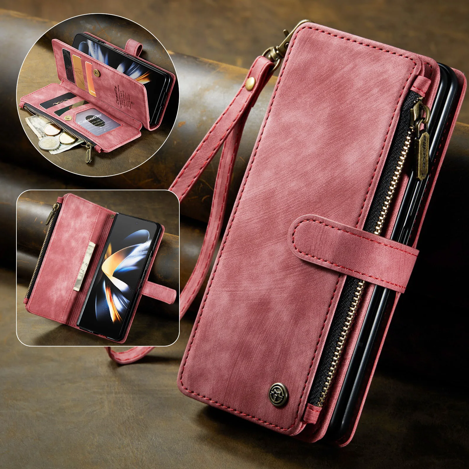 Luxury Zipper Leather Wallet Case For Samsung Galaxy Z Fold 5 4 3 5G Card Slots Purse Shockproof Cover For Z Fold5 Fold4 Fold3