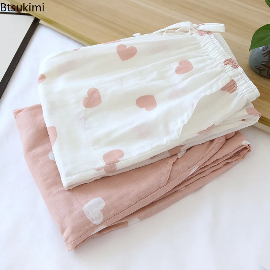 Hot Sale Love Heart Printing Sleep Bottoms for Women 100% Gauze Cotton Loose Casual Home Trousers Women Cute Sweet Pajama Pants