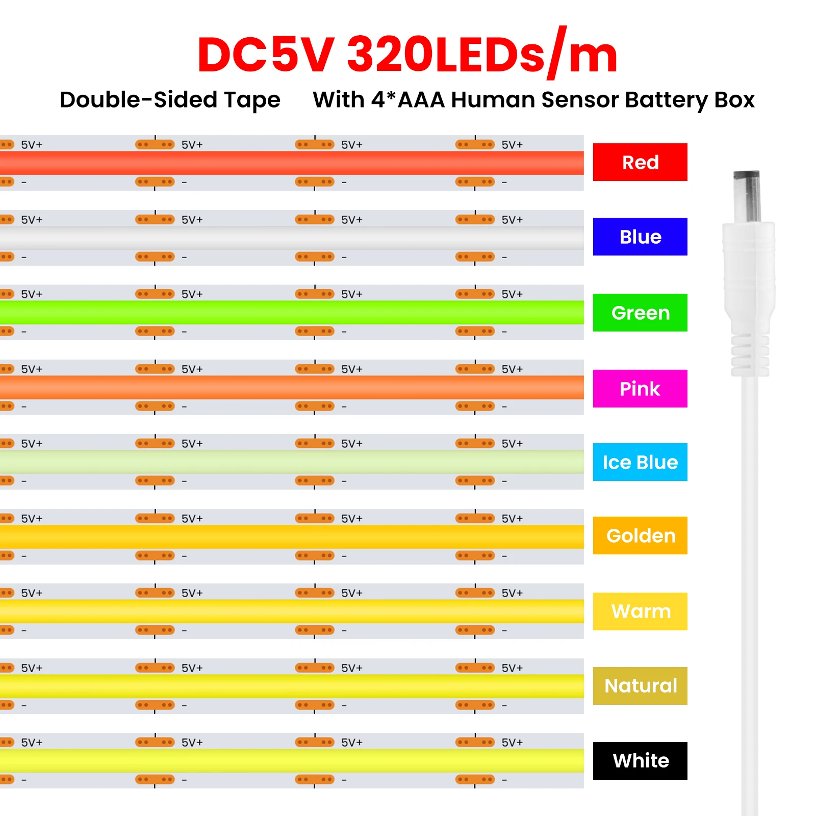 DC 5V COB LED Strip 8mm Battery USB Powered With Motion Sensor 320LEDs/M Induction Night Light for Stair Under Bed Cabinet Light
