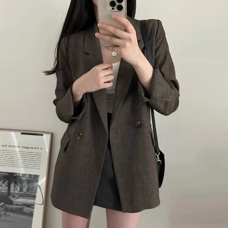 Retro Niche Suit Collar Double-breasted Tops 2024 Autumn Korean Chic Loose All-match Coats Long-sleeved Suit Jacket Woman