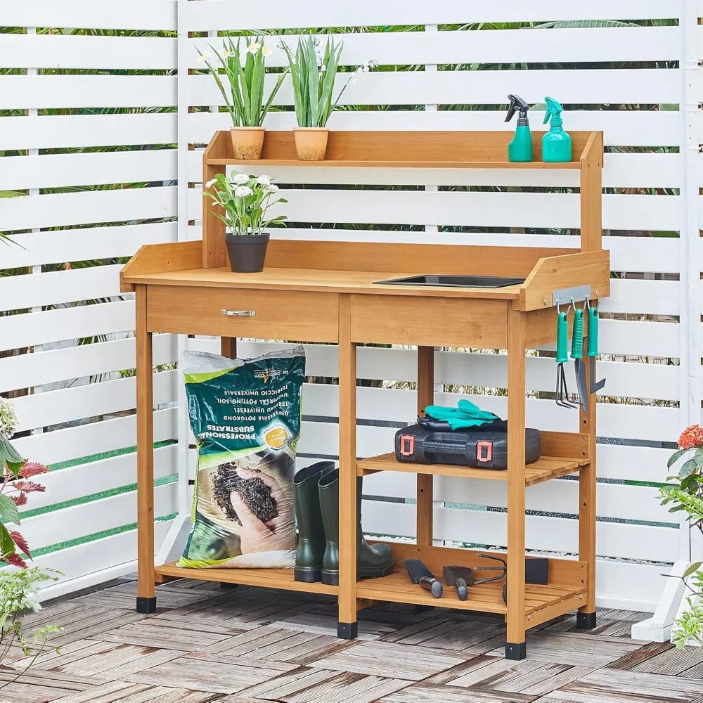 

45.2x17.7x47.6'' (LxWxH) Potting Benches Outdoor Garden Potting Table Work Bench with Removable Sink Drawer Rack Shelves