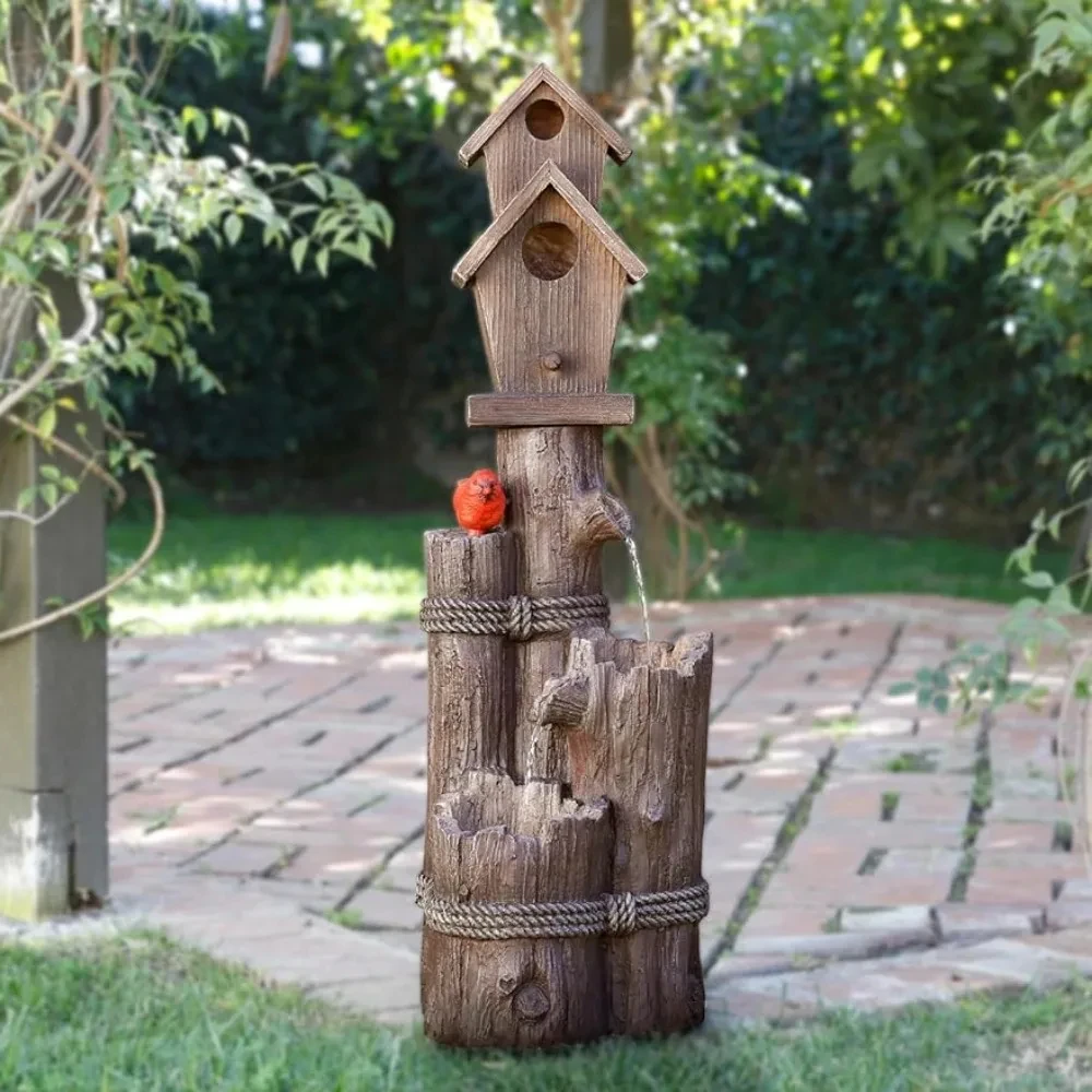 

Outdoor Waterfall Fountain, Birdhouse, 35", Brown, Outdoor Floor 3-Tiered Log and Branch Waterfall Fountain