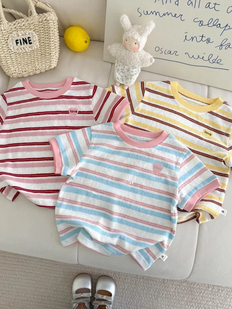 Cseta de manga corta de verano para niñas, csa básica de media manga a rayas bordadas, Top de seda versátil y e,...